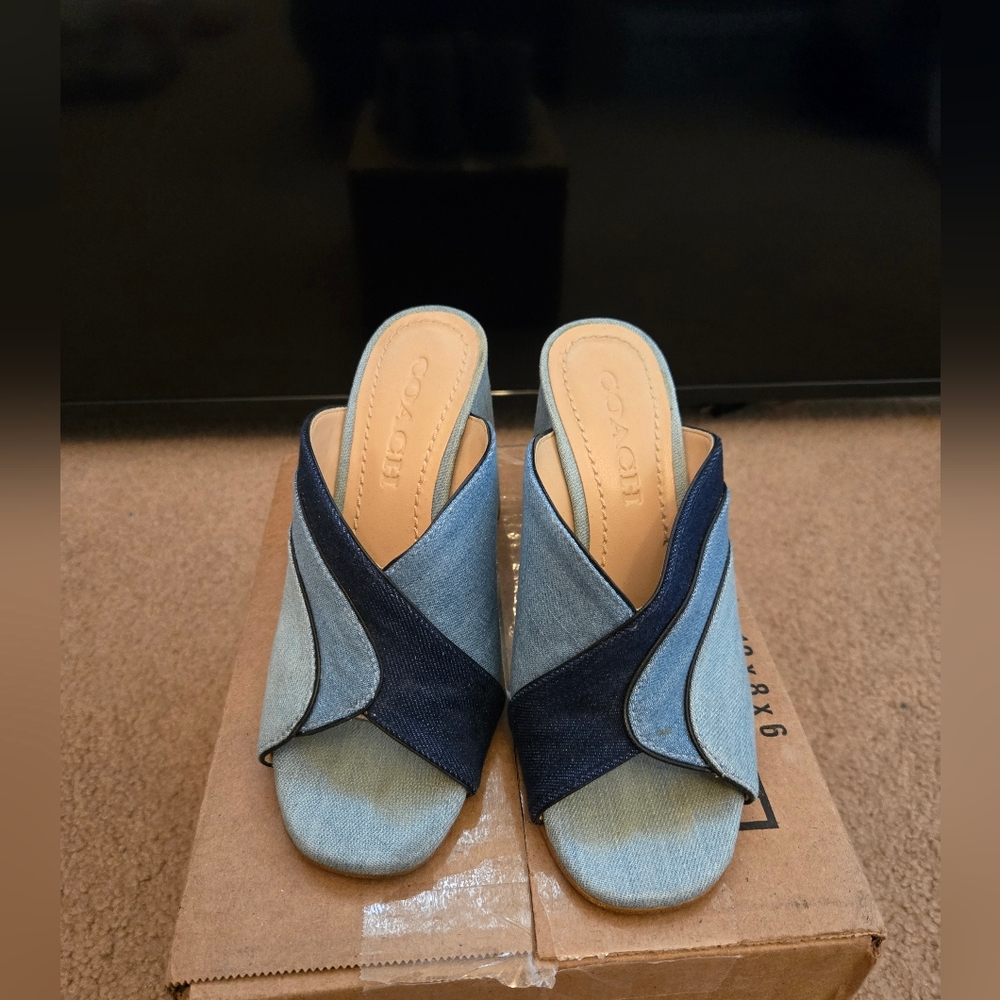 Coach Two-Tone Denim Slide Mules in Light and Dark Blue Size 5.